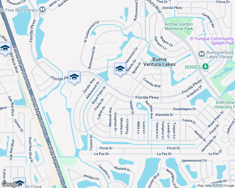 map of restaurants, bars, coffee shops, grocery stores, and more near 132 Fiesta Drive in Kissimmee