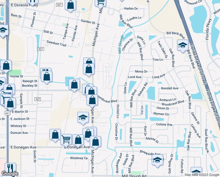 map of restaurants, bars, coffee shops, grocery stores, and more near 1331 Woodcrest Boulevard in Kissimmee