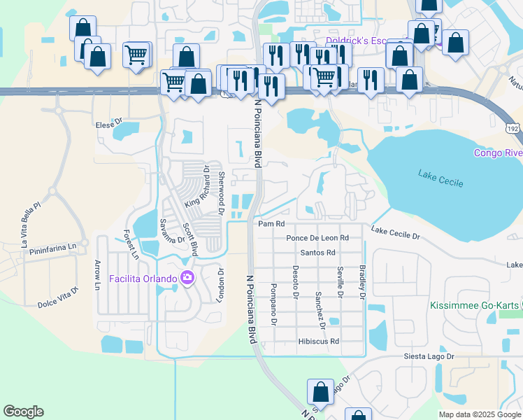 map of restaurants, bars, coffee shops, grocery stores, and more near 2727 North Poinciana Boulevard in Kissimmee