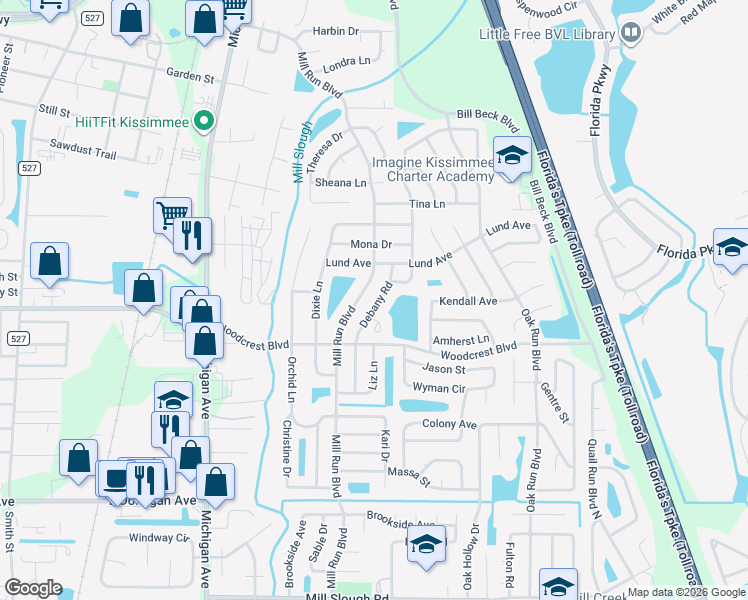 map of restaurants, bars, coffee shops, grocery stores, and more near 2665 Debany Road in Kissimmee