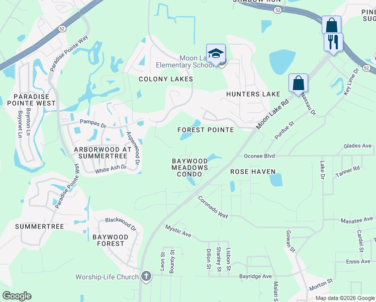 map of restaurants, bars, coffee shops, grocery stores, and more near 11630 Baywood Meadows Drive in New Port Richey