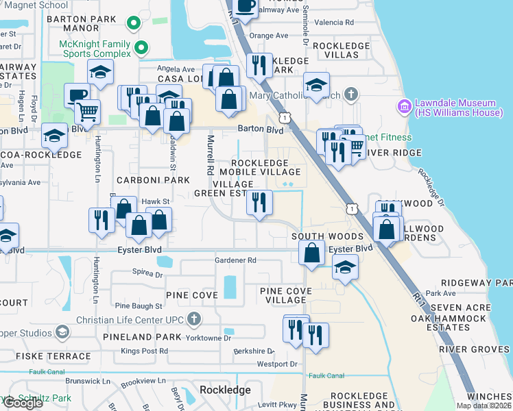 map of restaurants, bars, coffee shops, grocery stores, and more near 1882 Murrell Road in Rockledge