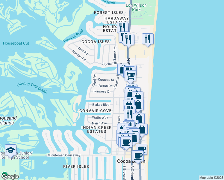 map of restaurants, bars, coffee shops, grocery stores, and more near 507 Catalina Road in Cocoa Beach
