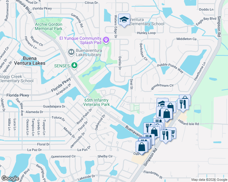 map of restaurants, bars, coffee shops, grocery stores, and more near 251 Taylor Lane in Kissimmee