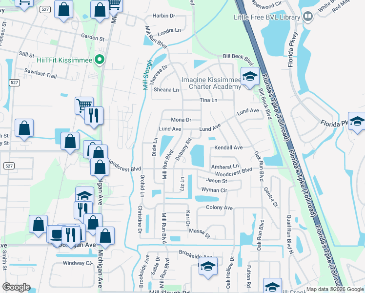 map of restaurants, bars, coffee shops, grocery stores, and more near 2665 Debany Road in Kissimmee