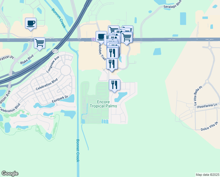 map of restaurants, bars, coffee shops, grocery stores, and more near 5780 Golden Hawk Way in Kissimmee
