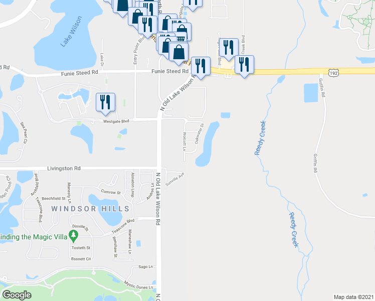 map of restaurants, bars, coffee shops, grocery stores, and more near 2721 Oakwater Drive in Kissimmee