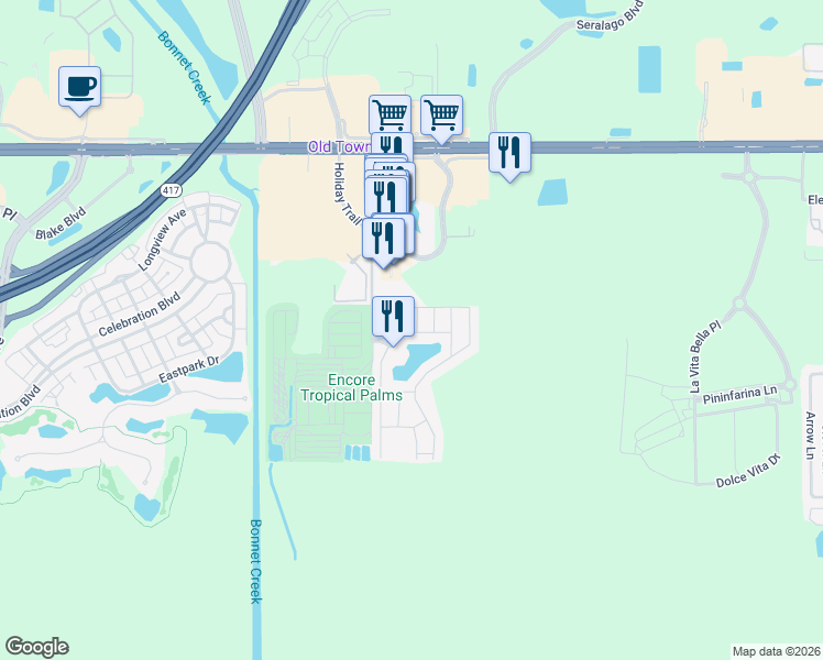 map of restaurants, bars, coffee shops, grocery stores, and more near 2700 Bushman Drive in Kissimmee