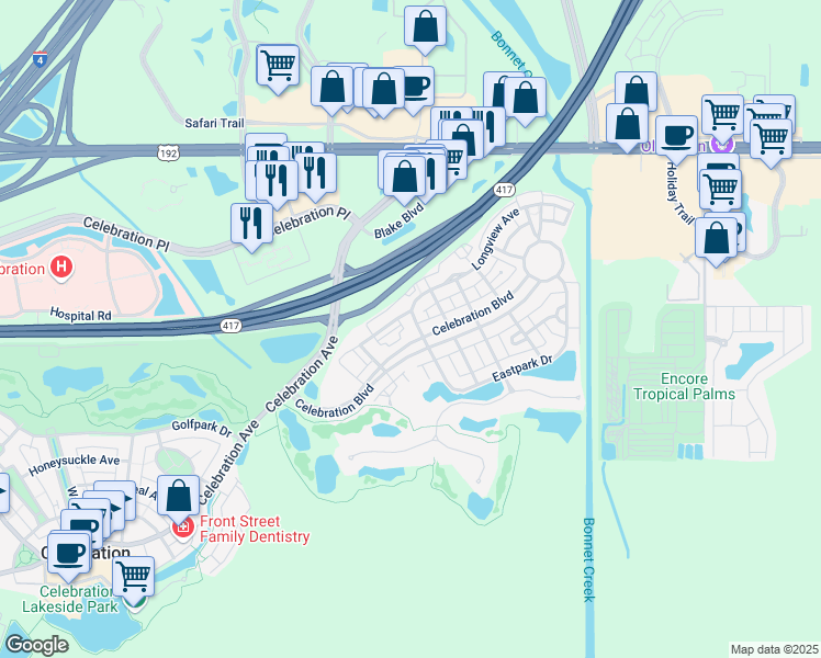 map of restaurants, bars, coffee shops, grocery stores, and more near 234 Celebration Boulevard in Celebration