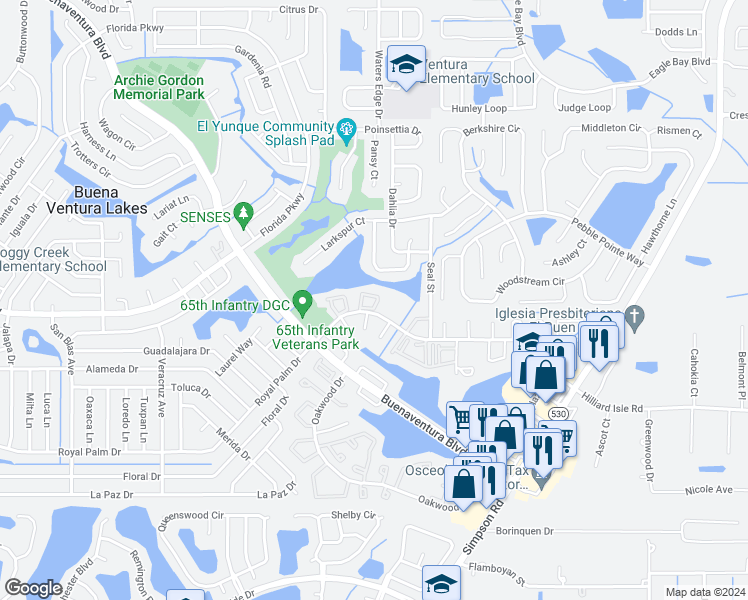 map of restaurants, bars, coffee shops, grocery stores, and more near 69 East Country Cove Way in Kissimmee