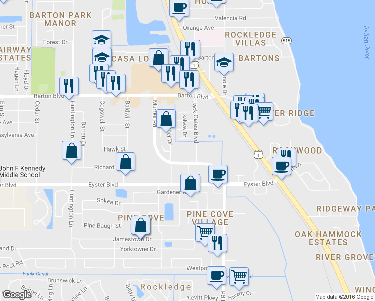 map of restaurants, bars, coffee shops, grocery stores, and more near 1882 Murrell Road in Rockledge