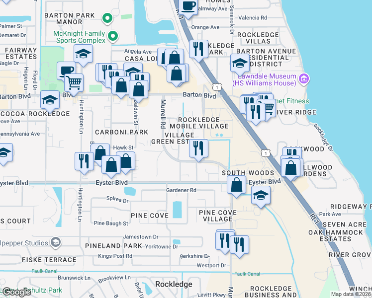map of restaurants, bars, coffee shops, grocery stores, and more near 1006 Pathfinder Way in Rockledge