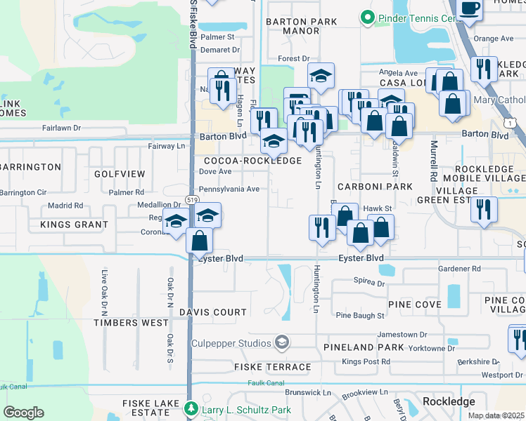 map of restaurants, bars, coffee shops, grocery stores, and more near 1801 Cedar Street in Rockledge