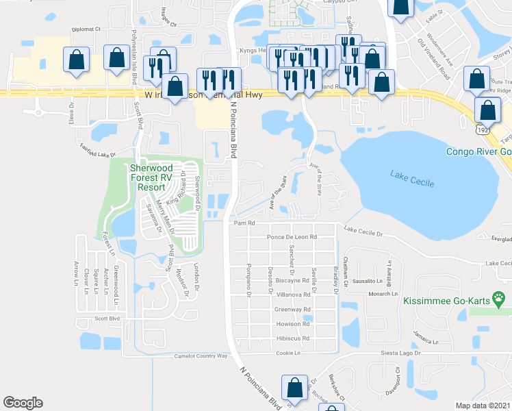 map of restaurants, bars, coffee shops, grocery stores, and more near 5110 Pam Road in Kissimmee