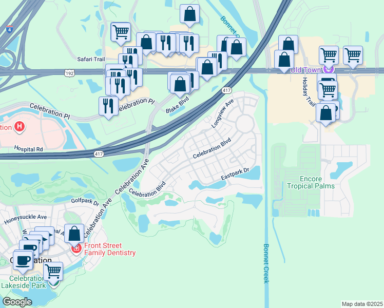map of restaurants, bars, coffee shops, grocery stores, and more near 234 Celebration Boulevard in Celebration