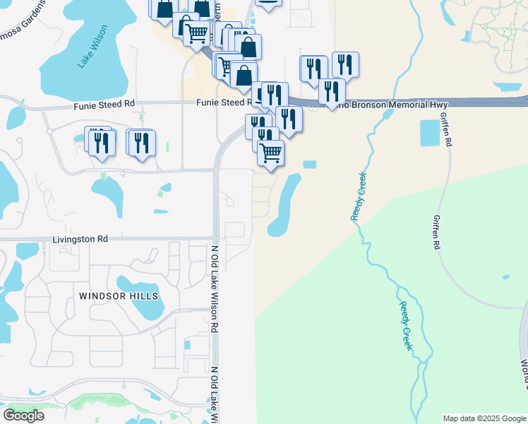 map of restaurants, bars, coffee shops, grocery stores, and more near 2721 Oakwater Drive in Kissimmee