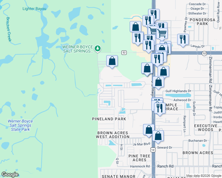 map of restaurants, bars, coffee shops, grocery stores, and more near 6500-6614 Sparrowood Lane in Port Richey