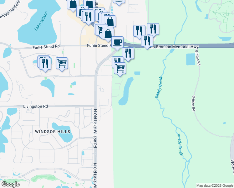 map of restaurants, bars, coffee shops, grocery stores, and more near 2721 Oakwater Drive in Kissimmee