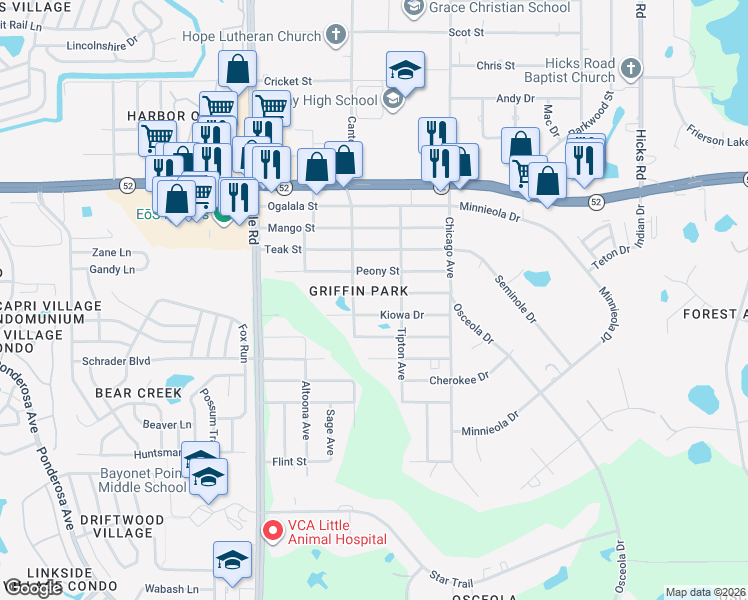 map of restaurants, bars, coffee shops, grocery stores, and more near 9320 Peony Street in New Port Richey