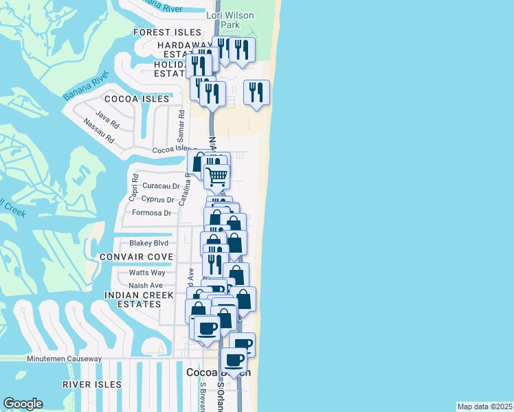 map of restaurants, bars, coffee shops, grocery stores, and more near 25 Sunflower Street in Cocoa Beach