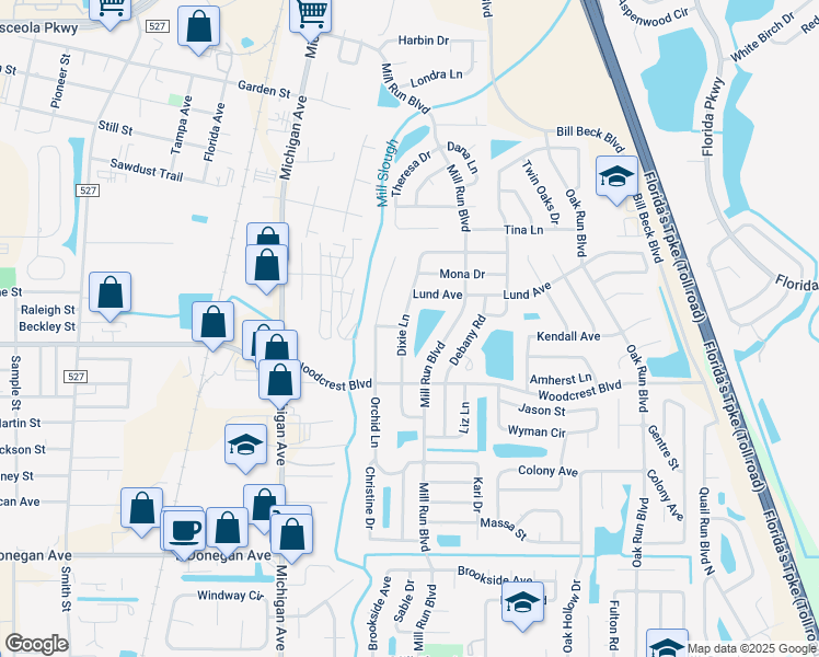 map of restaurants, bars, coffee shops, grocery stores, and more near 2724 Orchid Lane in Kissimmee