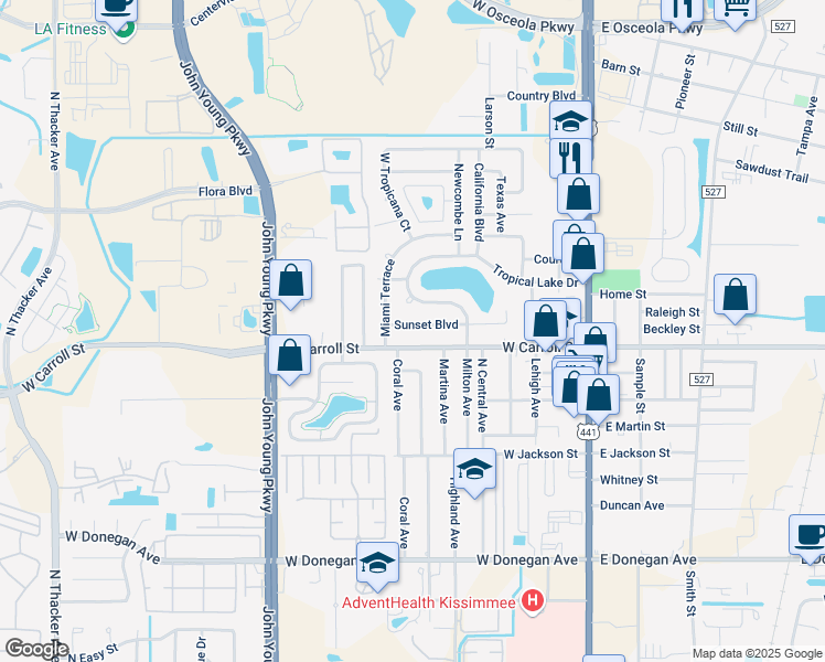 map of restaurants, bars, coffee shops, grocery stores, and more near 2728 Tropical Lake Drive in Kissimmee