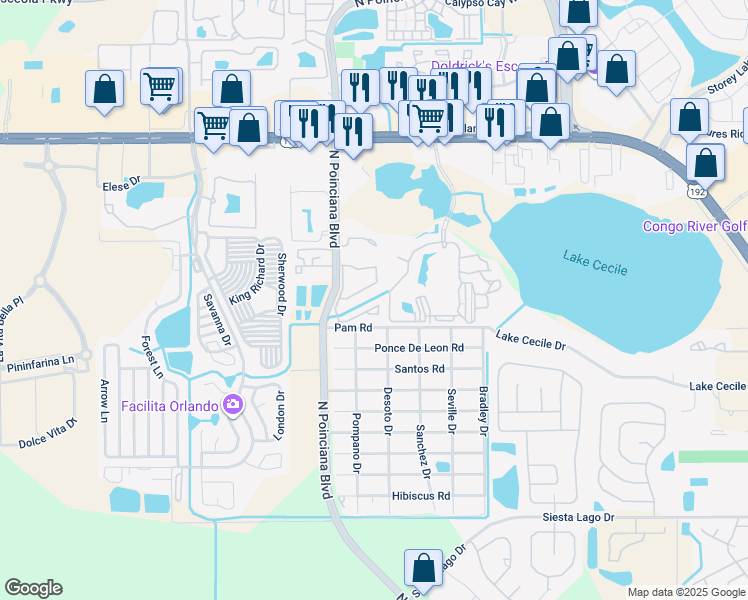 map of restaurants, bars, coffee shops, grocery stores, and more near 2739 North Poinciana Boulevard in Kissimmee