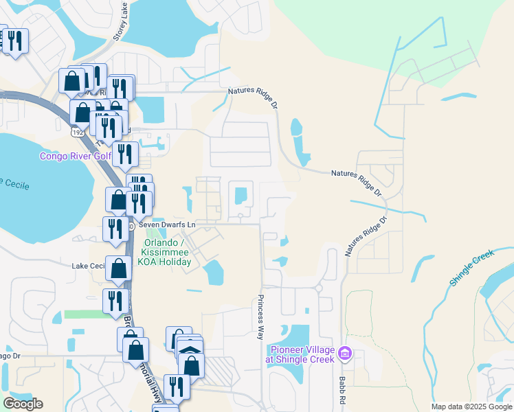 map of restaurants, bars, coffee shops, grocery stores, and more near 2858 Club Cortile Circle in Kissimmee