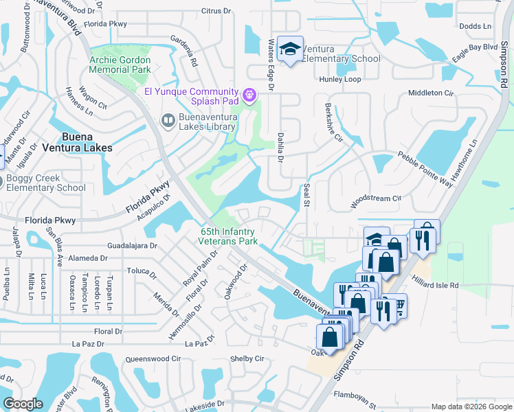 map of restaurants, bars, coffee shops, grocery stores, and more near 21 West Country Cove Way in Kissimmee