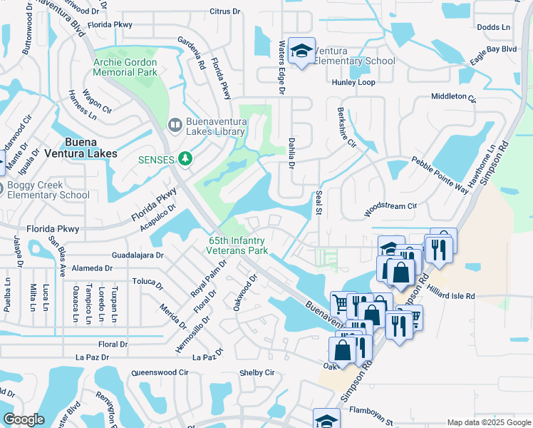 map of restaurants, bars, coffee shops, grocery stores, and more near 40 East Country Cove Way in Kissimmee