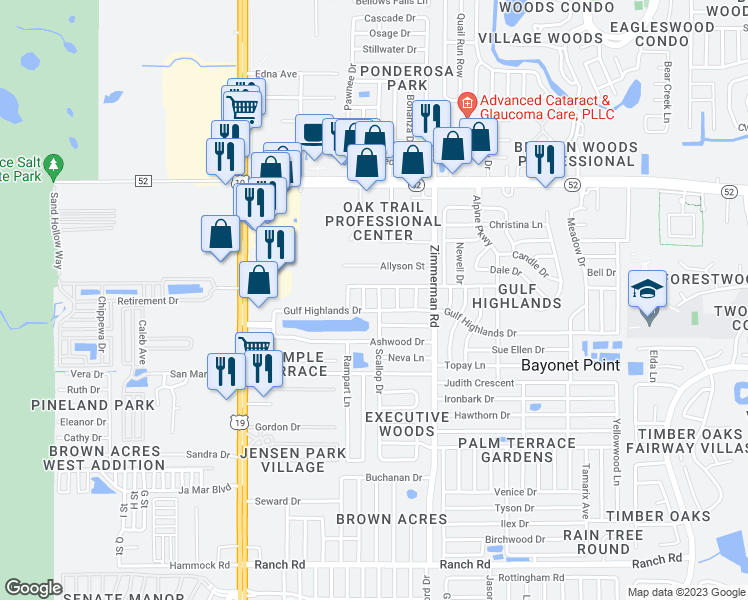 map of restaurants, bars, coffee shops, grocery stores, and more near 11635 Scallop Drive in Port Richey