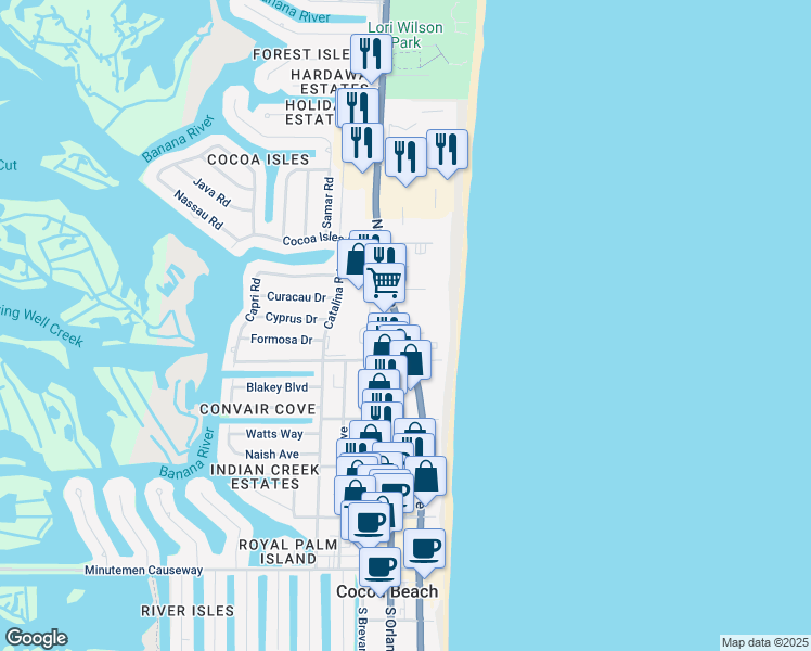 map of restaurants, bars, coffee shops, grocery stores, and more near 585 North Atlantic Avenue in Cocoa Beach