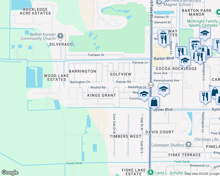 map of restaurants, bars, coffee shops, grocery stores, and more near 1041 Palmer Road in Rockledge