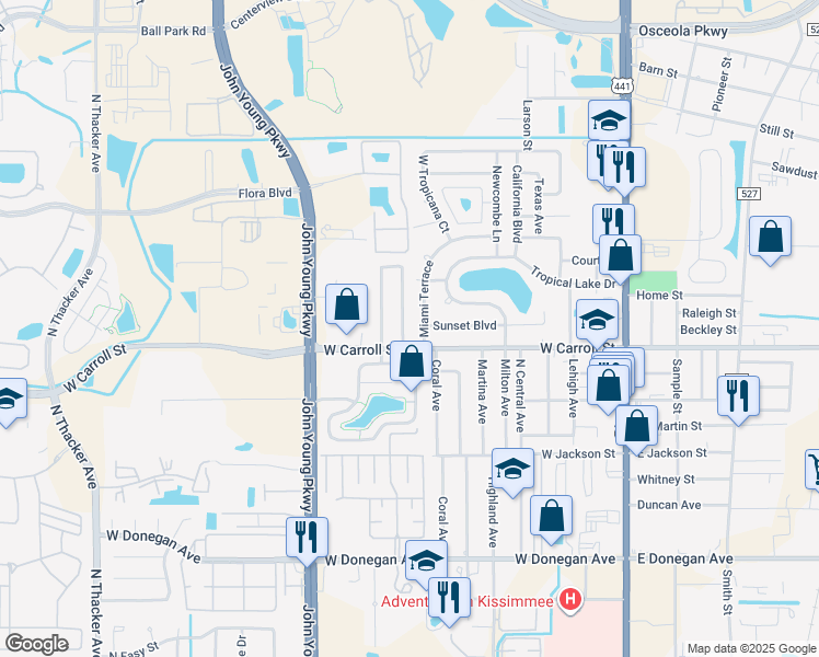 map of restaurants, bars, coffee shops, grocery stores, and more near 2712 Green Meadow Circle in Kissimmee