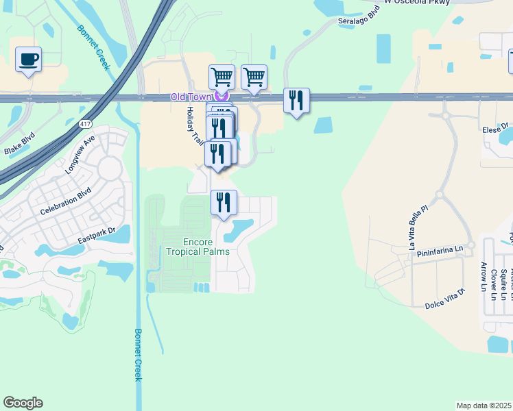 map of restaurants, bars, coffee shops, grocery stores, and more near 2780 Corvette Lane in Kissimmee