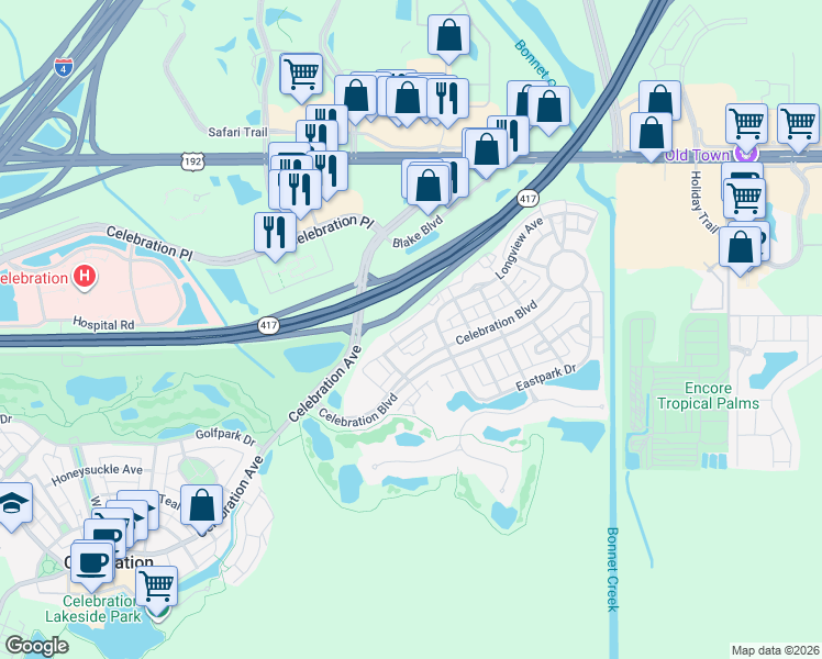 map of restaurants, bars, coffee shops, grocery stores, and more near 233 Goldenrain Drive in Celebration