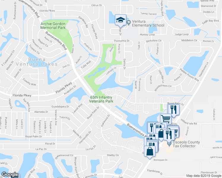 map of restaurants, bars, coffee shops, grocery stores, and more near 21 West Country Cove Way in Kissimmee
