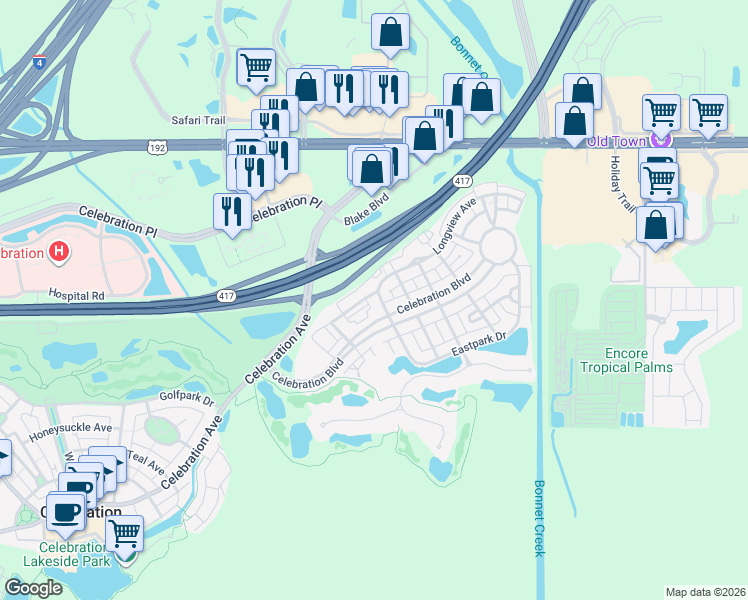 map of restaurants, bars, coffee shops, grocery stores, and more near 229 Longview Avenue in Celebration