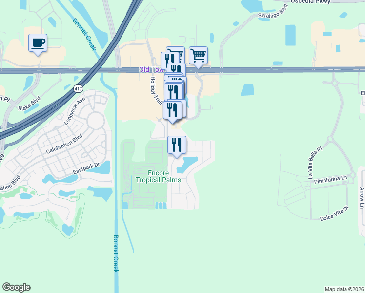 map of restaurants, bars, coffee shops, grocery stores, and more near 2723 Impala Lane in Kissimmee