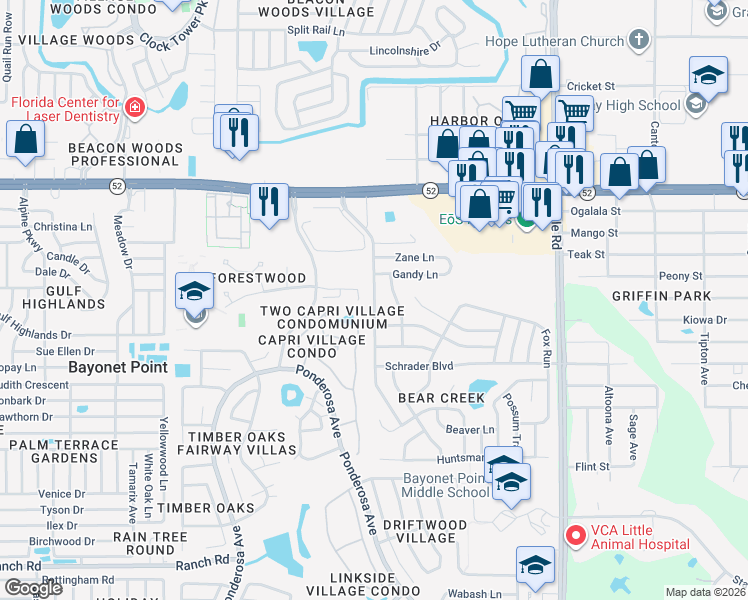 map of restaurants, bars, coffee shops, grocery stores, and more near 11640 Nature Trail in Port Richey