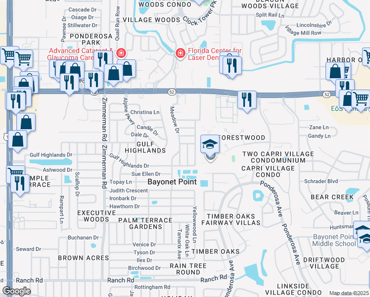 map of restaurants, bars, coffee shops, grocery stores, and more near 11715 Meadow Drive in Port Richey