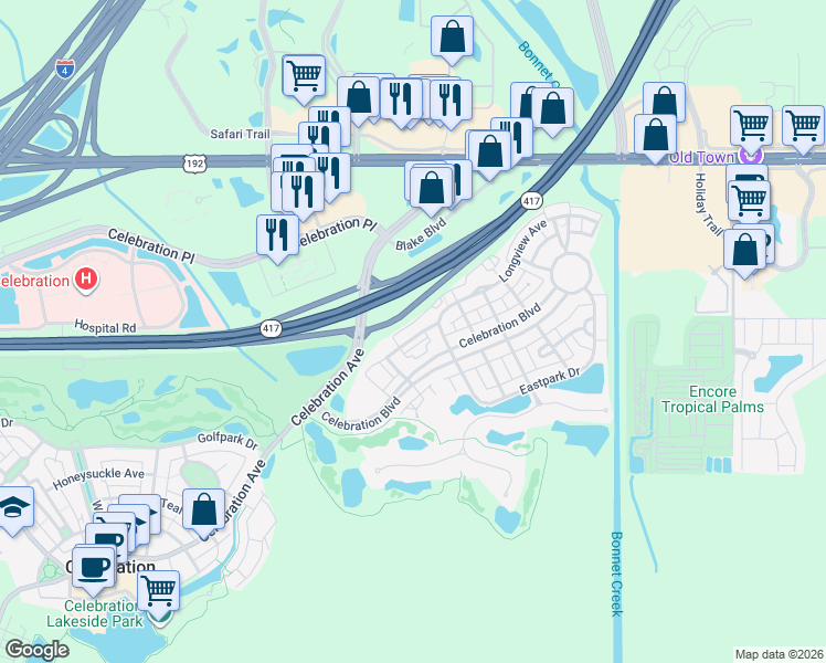 map of restaurants, bars, coffee shops, grocery stores, and more near 233 Goldenrain Drive in Celebration
