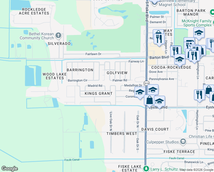 map of restaurants, bars, coffee shops, grocery stores, and more near 1041 Palmer Road in Rockledge