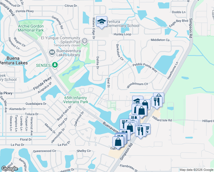 map of restaurants, bars, coffee shops, grocery stores, and more near 138 Hollyhock Court in Kissimmee