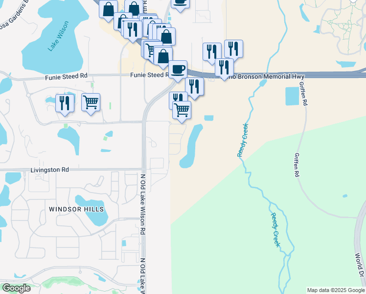 map of restaurants, bars, coffee shops, grocery stores, and more near 7503 Pellham Way in Kissimmee