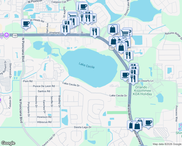 map of restaurants, bars, coffee shops, grocery stores, and more near 4905 Lake Cecile Dr in Kissimmee