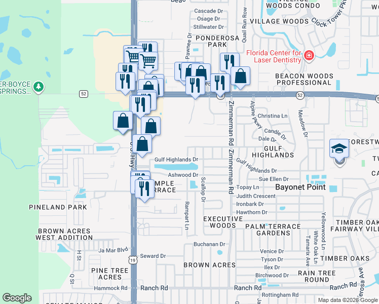 map of restaurants, bars, coffee shops, grocery stores, and more near 7216 Seashore Drive in Port Richey