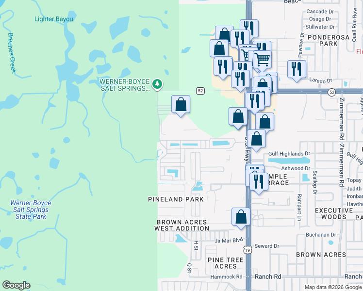 map of restaurants, bars, coffee shops, grocery stores, and more near 6540-6542 Hachem Drive in Port Richey