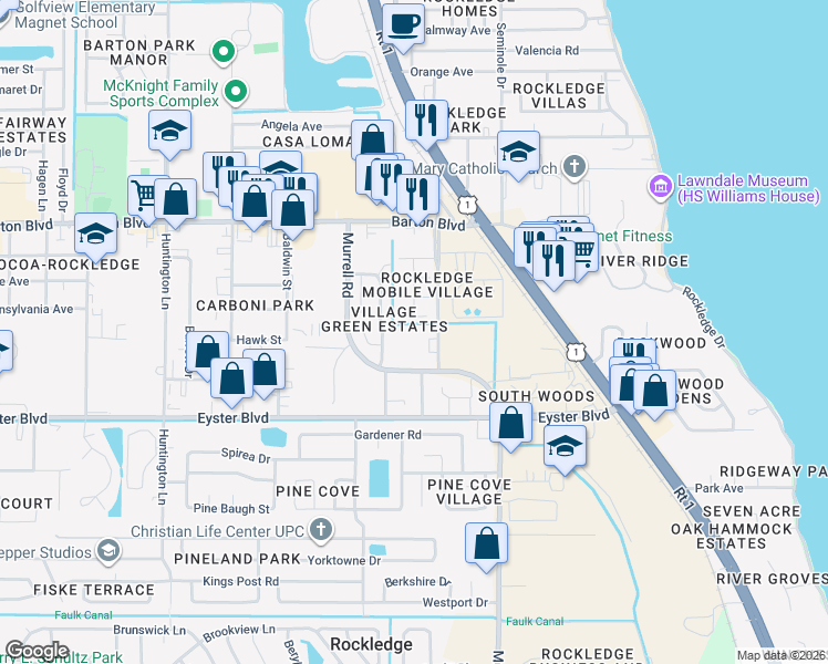 map of restaurants, bars, coffee shops, grocery stores, and more near 1315 Shannon Court in Rockledge