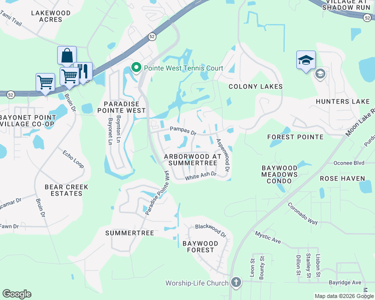 map of restaurants, bars, coffee shops, grocery stores, and more near 11605 Scotch Pine Drive in New Port Richey
